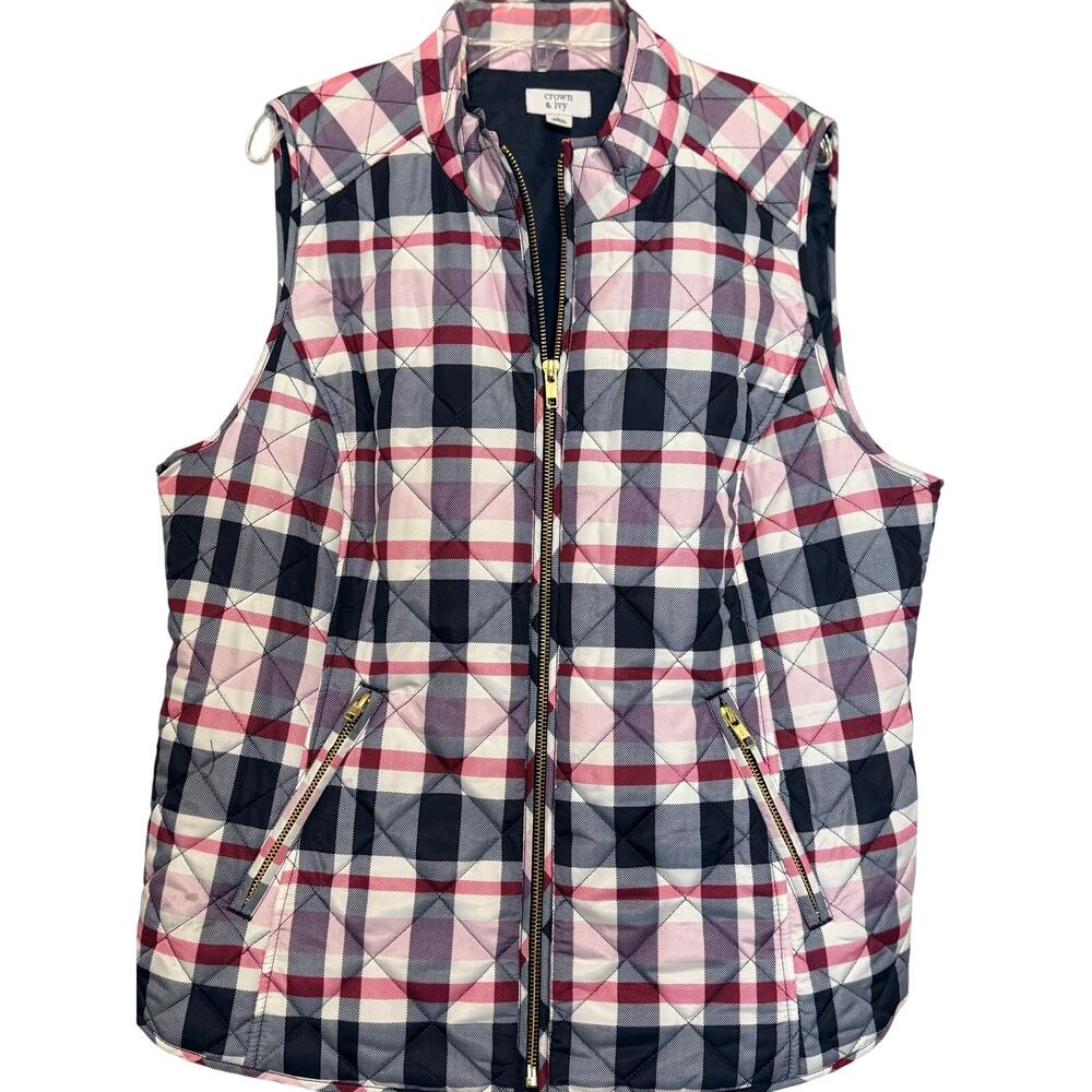 Crown & Ivy Navy, White and Pink Quilted Zip Vest, Size L